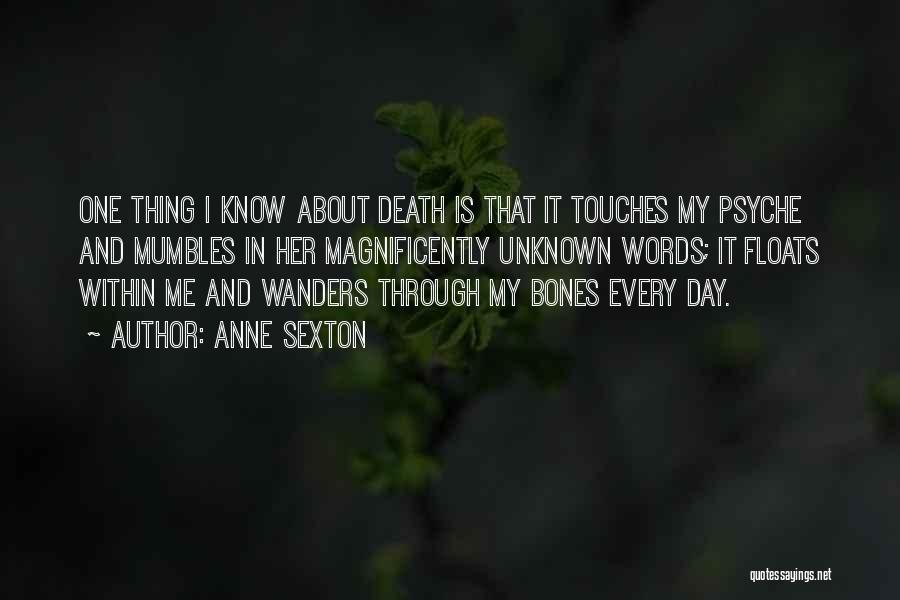 Anne Sexton Quotes: One Thing I Know About Death Is That It Touches My Psyche And Mumbles In Her Magnificently Unknown Words; It