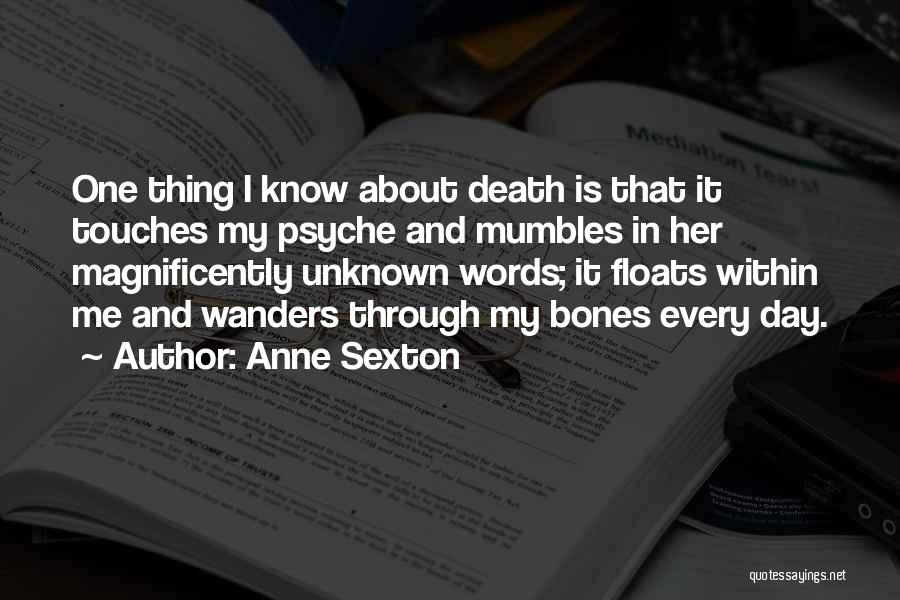 Anne Sexton Quotes: One Thing I Know About Death Is That It Touches My Psyche And Mumbles In Her Magnificently Unknown Words; It
