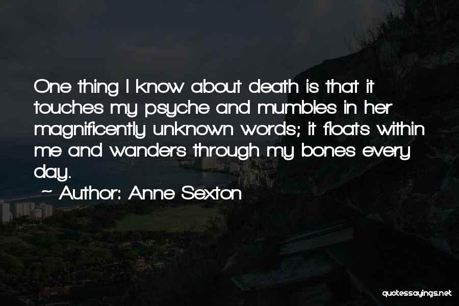 Anne Sexton Quotes: One Thing I Know About Death Is That It Touches My Psyche And Mumbles In Her Magnificently Unknown Words; It