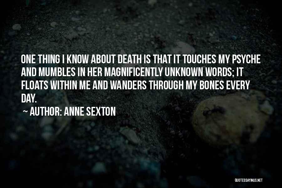 Anne Sexton Quotes: One Thing I Know About Death Is That It Touches My Psyche And Mumbles In Her Magnificently Unknown Words; It