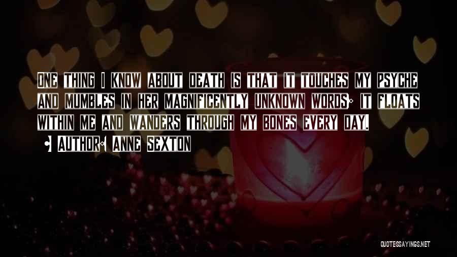 Anne Sexton Quotes: One Thing I Know About Death Is That It Touches My Psyche And Mumbles In Her Magnificently Unknown Words; It