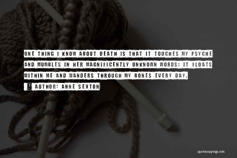 Anne Sexton Quotes: One Thing I Know About Death Is That It Touches My Psyche And Mumbles In Her Magnificently Unknown Words; It