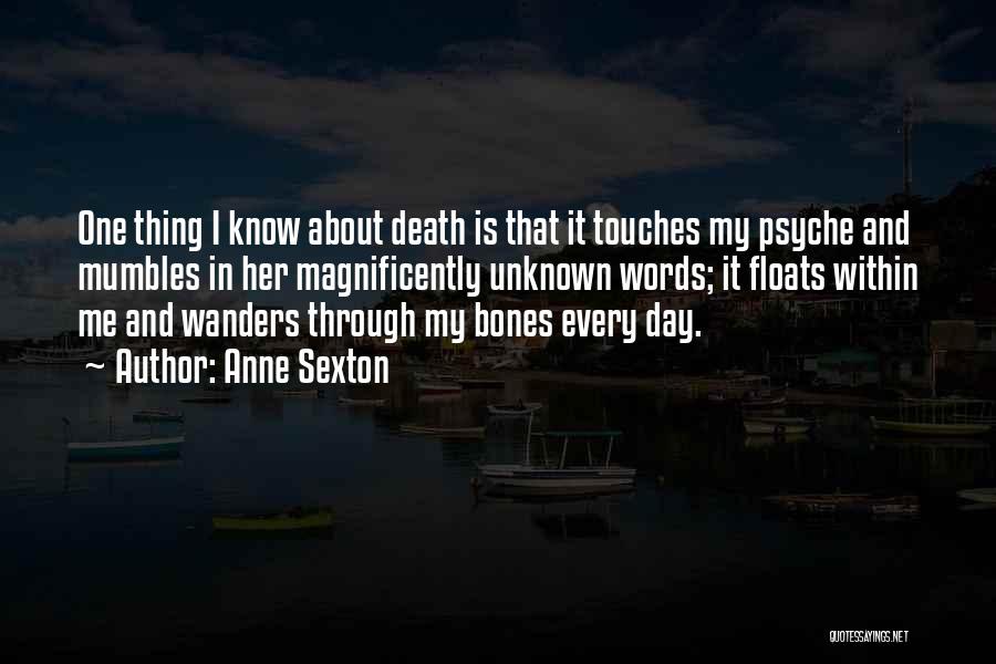 Anne Sexton Quotes: One Thing I Know About Death Is That It Touches My Psyche And Mumbles In Her Magnificently Unknown Words; It