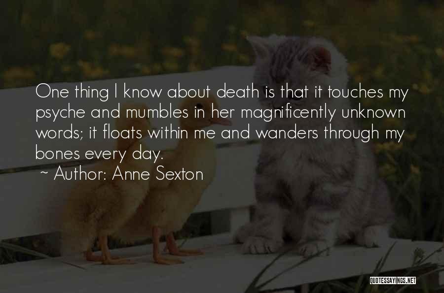 Anne Sexton Quotes: One Thing I Know About Death Is That It Touches My Psyche And Mumbles In Her Magnificently Unknown Words; It