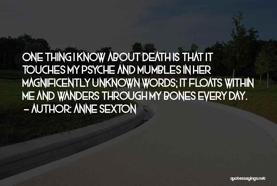 Anne Sexton Quotes: One Thing I Know About Death Is That It Touches My Psyche And Mumbles In Her Magnificently Unknown Words; It