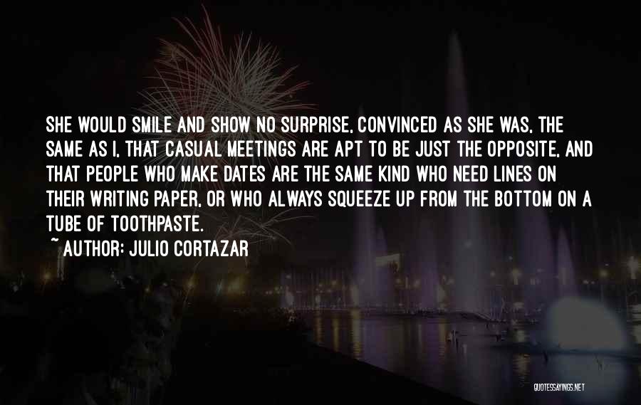 Julio Cortazar Quotes: She Would Smile And Show No Surprise, Convinced As She Was, The Same As I, That Casual Meetings Are Apt