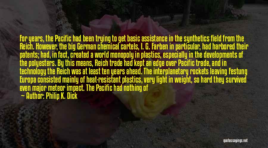 Philip K. Dick Quotes: For Years, The Pacific Had Been Trying To Get Basic Assistance In The Synthetics Field From The Reich. However, The