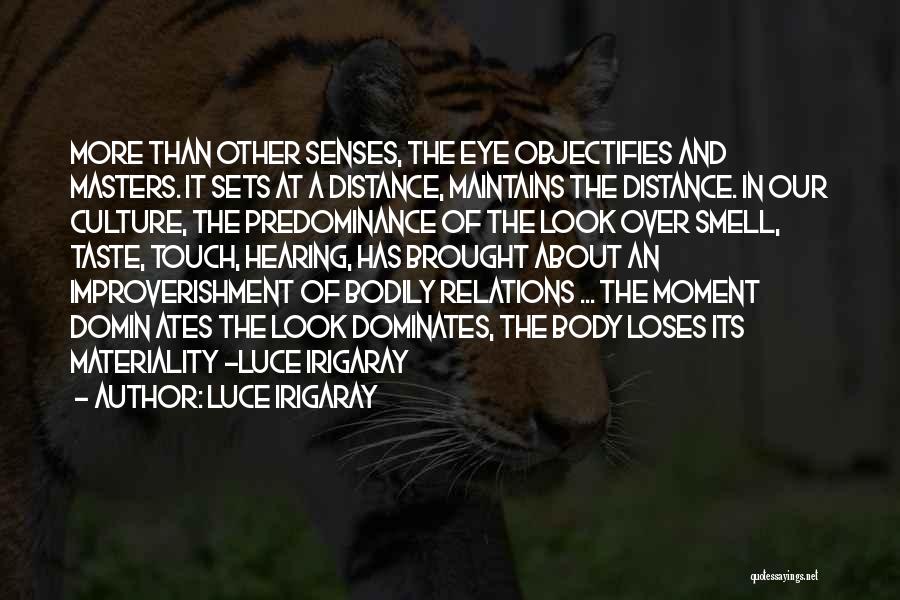 Luce Irigaray Quotes: More Than Other Senses, The Eye Objectifies And Masters. It Sets At A Distance, Maintains The Distance. In Our Culture,