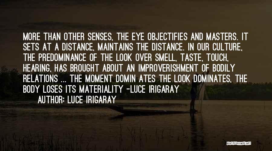 Luce Irigaray Quotes: More Than Other Senses, The Eye Objectifies And Masters. It Sets At A Distance, Maintains The Distance. In Our Culture,