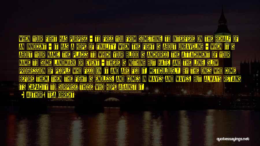 Tea Obreht Quotes: When Your Fight Has Purpose - To Free You From Something, To Interfere On The Behalf Of An Innocent -