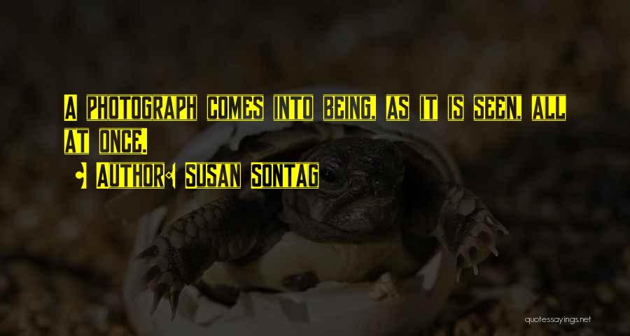Susan Sontag Quotes: A Photograph Comes Into Being, As It Is Seen, All At Once.