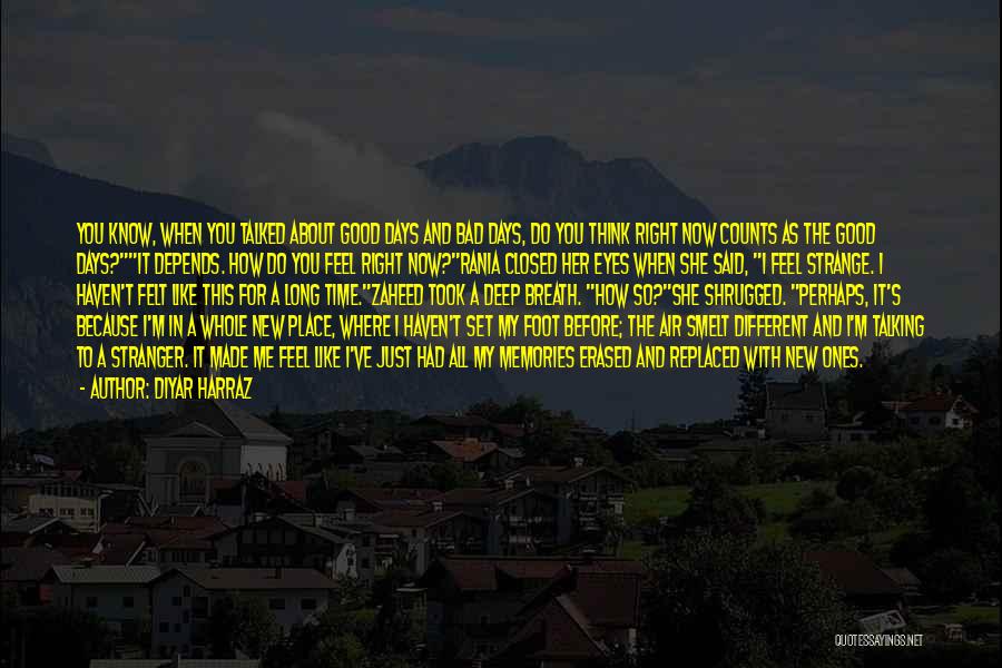 Diyar Harraz Quotes: You Know, When You Talked About Good Days And Bad Days, Do You Think Right Now Counts As The Good