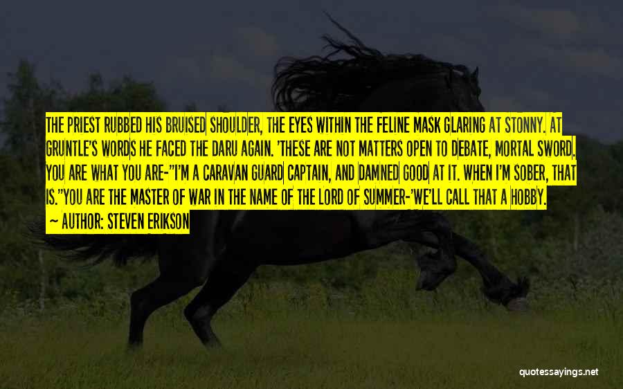 Steven Erikson Quotes: The Priest Rubbed His Bruised Shoulder, The Eyes Within The Feline Mask Glaring At Stonny. At Gruntle's Words He Faced