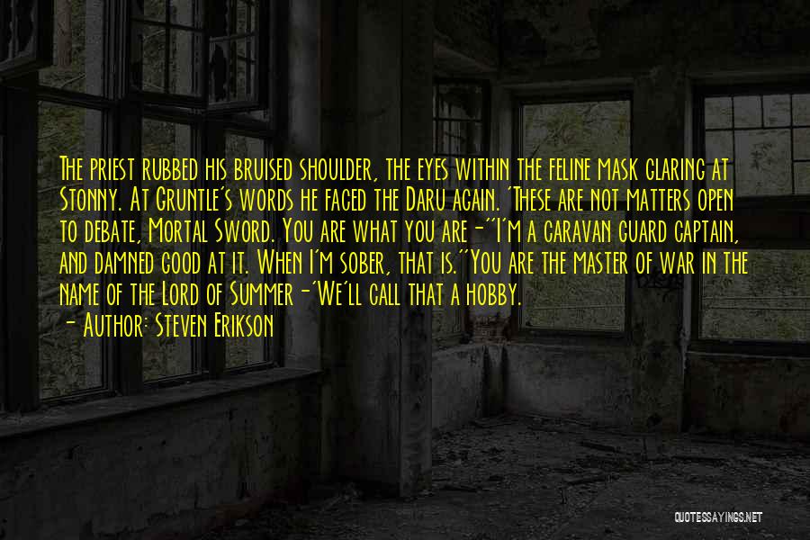 Steven Erikson Quotes: The Priest Rubbed His Bruised Shoulder, The Eyes Within The Feline Mask Glaring At Stonny. At Gruntle's Words He Faced