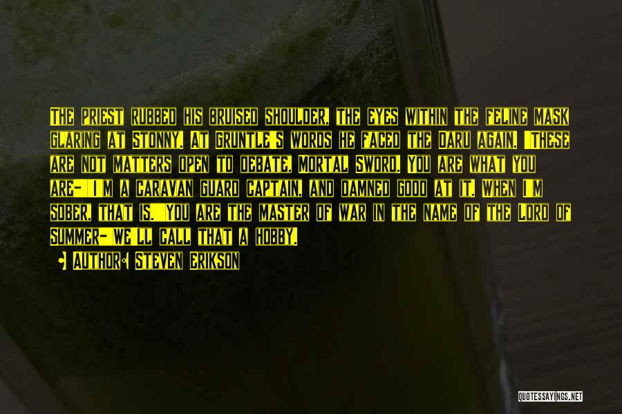 Steven Erikson Quotes: The Priest Rubbed His Bruised Shoulder, The Eyes Within The Feline Mask Glaring At Stonny. At Gruntle's Words He Faced