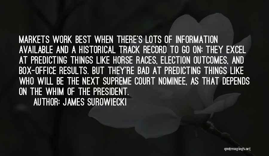 James Surowiecki Quotes: Markets Work Best When There's Lots Of Information Available And A Historical Track Record To Go On; They Excel At