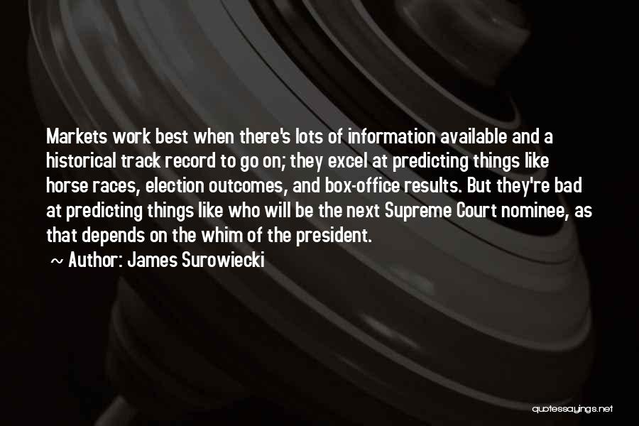 James Surowiecki Quotes: Markets Work Best When There's Lots Of Information Available And A Historical Track Record To Go On; They Excel At