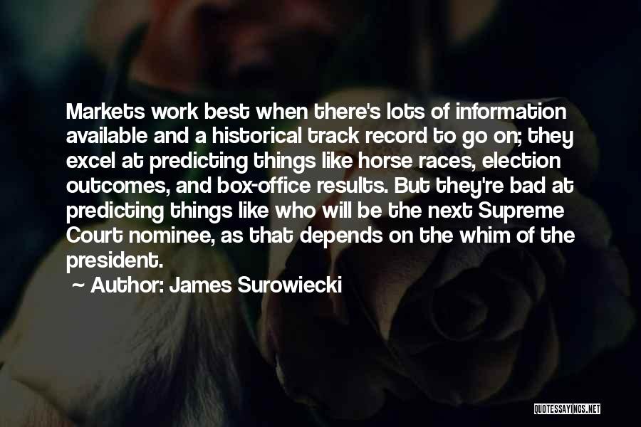 James Surowiecki Quotes: Markets Work Best When There's Lots Of Information Available And A Historical Track Record To Go On; They Excel At