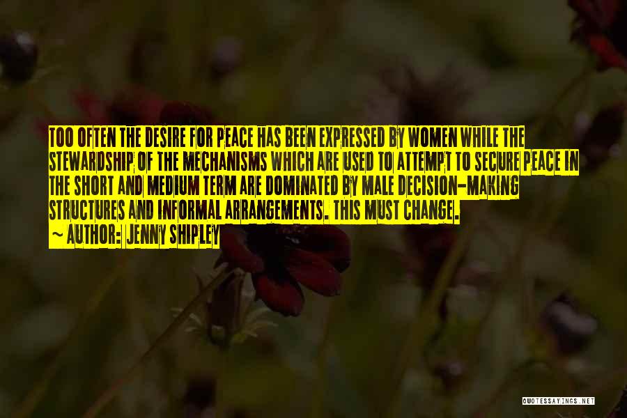 Jenny Shipley Quotes: Too Often The Desire For Peace Has Been Expressed By Women While The Stewardship Of The Mechanisms Which Are Used