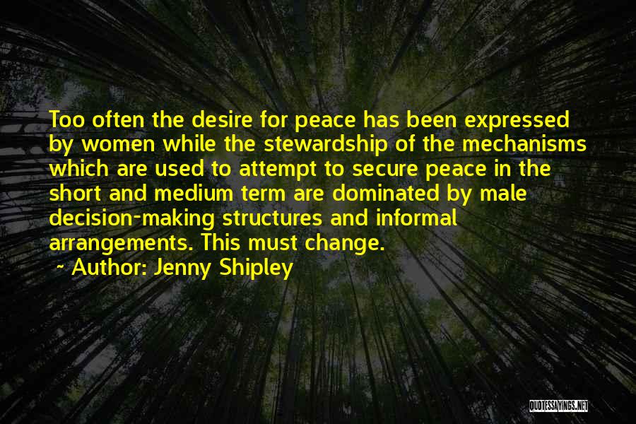 Jenny Shipley Quotes: Too Often The Desire For Peace Has Been Expressed By Women While The Stewardship Of The Mechanisms Which Are Used