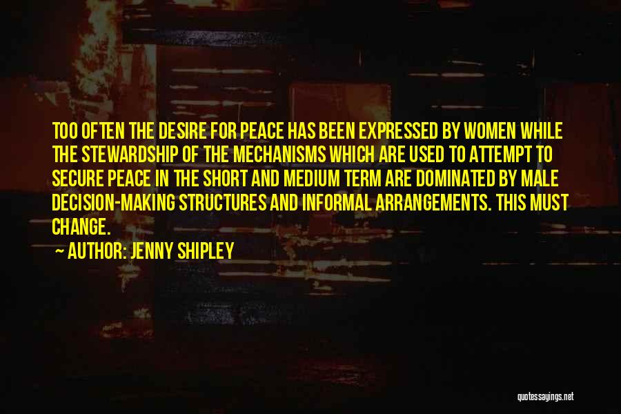 Jenny Shipley Quotes: Too Often The Desire For Peace Has Been Expressed By Women While The Stewardship Of The Mechanisms Which Are Used