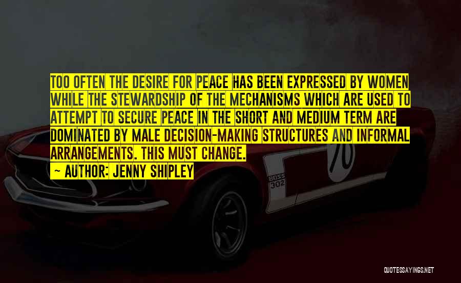 Jenny Shipley Quotes: Too Often The Desire For Peace Has Been Expressed By Women While The Stewardship Of The Mechanisms Which Are Used