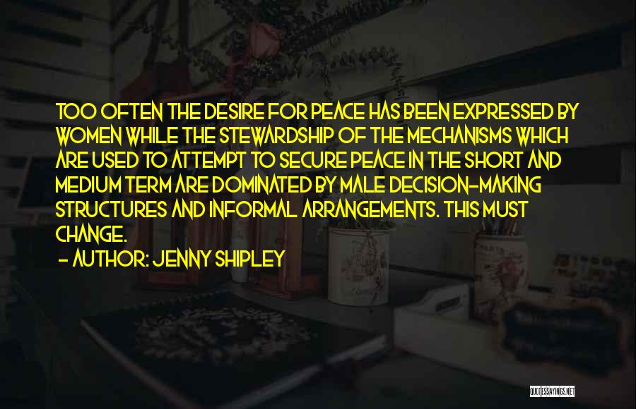 Jenny Shipley Quotes: Too Often The Desire For Peace Has Been Expressed By Women While The Stewardship Of The Mechanisms Which Are Used