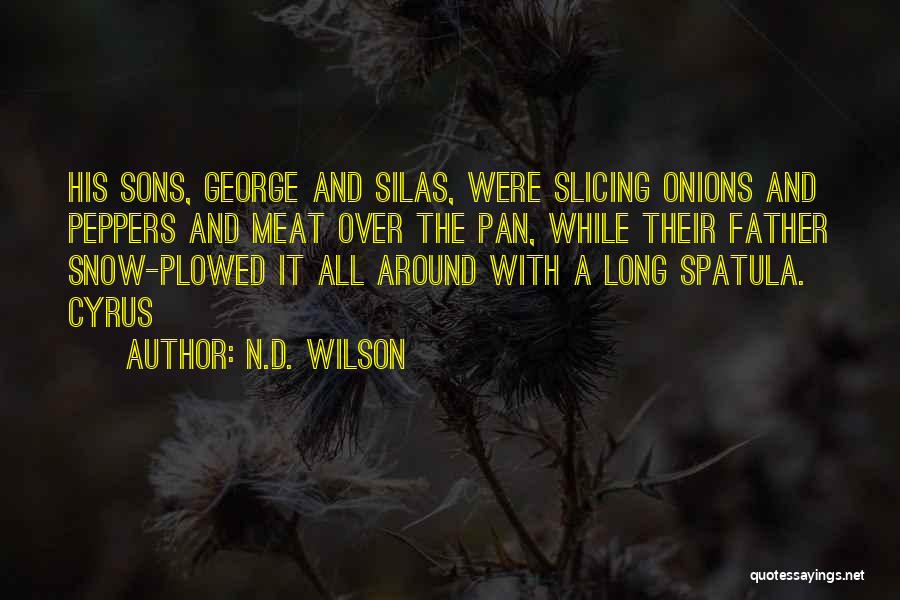 N.D. Wilson Quotes: His Sons, George And Silas, Were Slicing Onions And Peppers And Meat Over The Pan, While Their Father Snow-plowed It