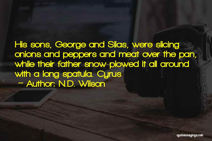 N.D. Wilson Quotes: His Sons, George And Silas, Were Slicing Onions And Peppers And Meat Over The Pan, While Their Father Snow-plowed It