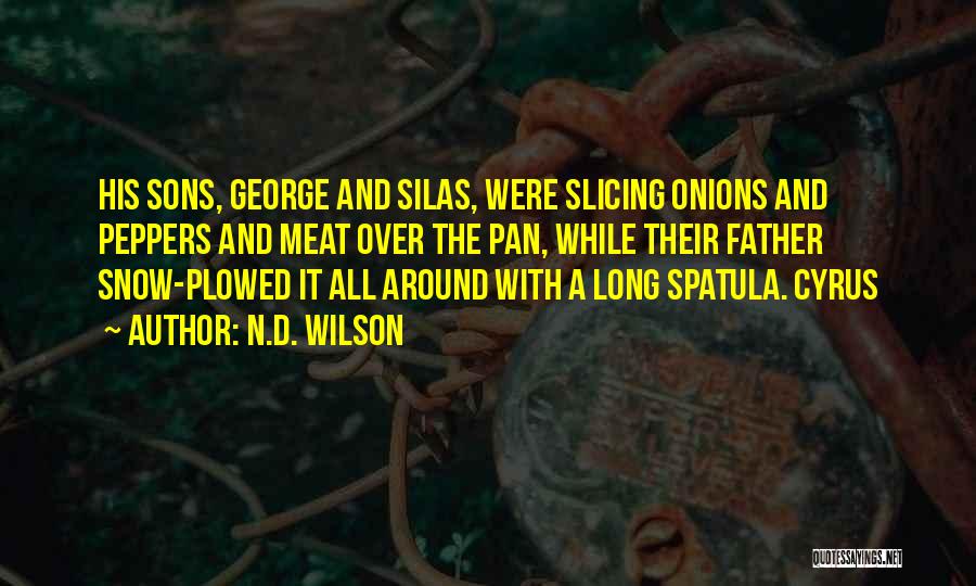 N.D. Wilson Quotes: His Sons, George And Silas, Were Slicing Onions And Peppers And Meat Over The Pan, While Their Father Snow-plowed It