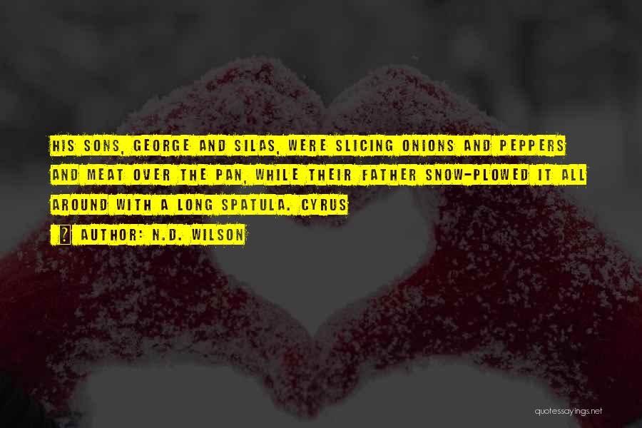 N.D. Wilson Quotes: His Sons, George And Silas, Were Slicing Onions And Peppers And Meat Over The Pan, While Their Father Snow-plowed It