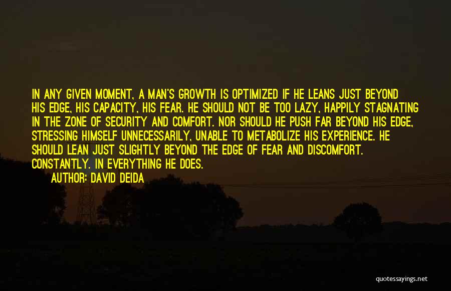 David Deida Quotes: In Any Given Moment, A Man's Growth Is Optimized If He Leans Just Beyond His Edge, His Capacity, His Fear.