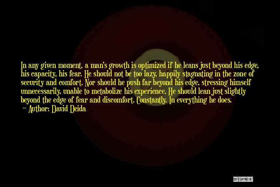 David Deida Quotes: In Any Given Moment, A Man's Growth Is Optimized If He Leans Just Beyond His Edge, His Capacity, His Fear.