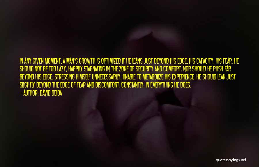 David Deida Quotes: In Any Given Moment, A Man's Growth Is Optimized If He Leans Just Beyond His Edge, His Capacity, His Fear.