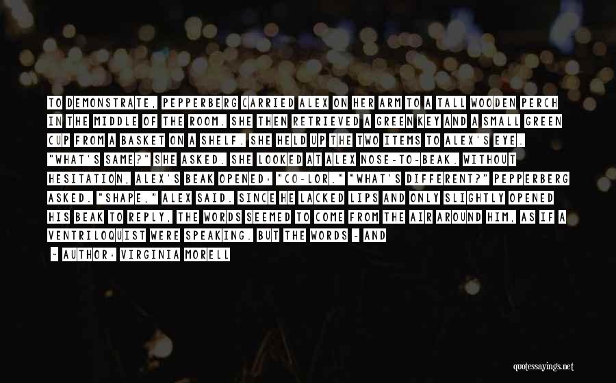 Virginia Morell Quotes: To Demonstrate, Pepperberg Carried Alex On Her Arm To A Tall Wooden Perch In The Middle Of The Room. She