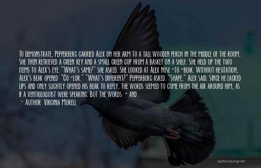 Virginia Morell Quotes: To Demonstrate, Pepperberg Carried Alex On Her Arm To A Tall Wooden Perch In The Middle Of The Room. She