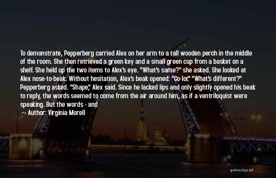 Virginia Morell Quotes: To Demonstrate, Pepperberg Carried Alex On Her Arm To A Tall Wooden Perch In The Middle Of The Room. She