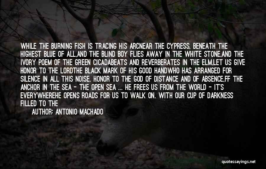 Antonio Machado Quotes: While The Burning Fish Is Tracing His Arcnear The Cypress, Beneath The Highest Blue Of All,and The Blind Boy Flies