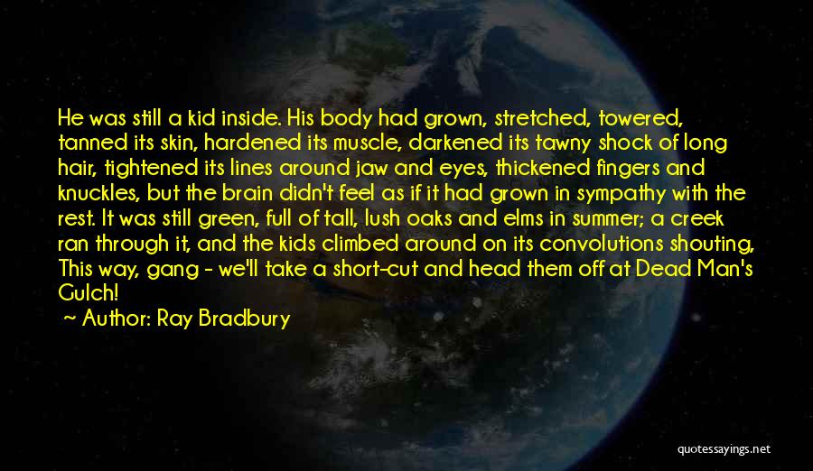 Ray Bradbury Quotes: He Was Still A Kid Inside. His Body Had Grown, Stretched, Towered, Tanned Its Skin, Hardened Its Muscle, Darkened Its
