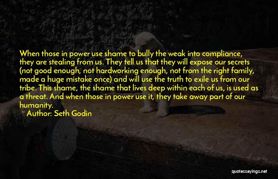 Seth Godin Quotes: When Those In Power Use Shame To Bully The Weak Into Compliance, They Are Stealing From Us. They Tell Us