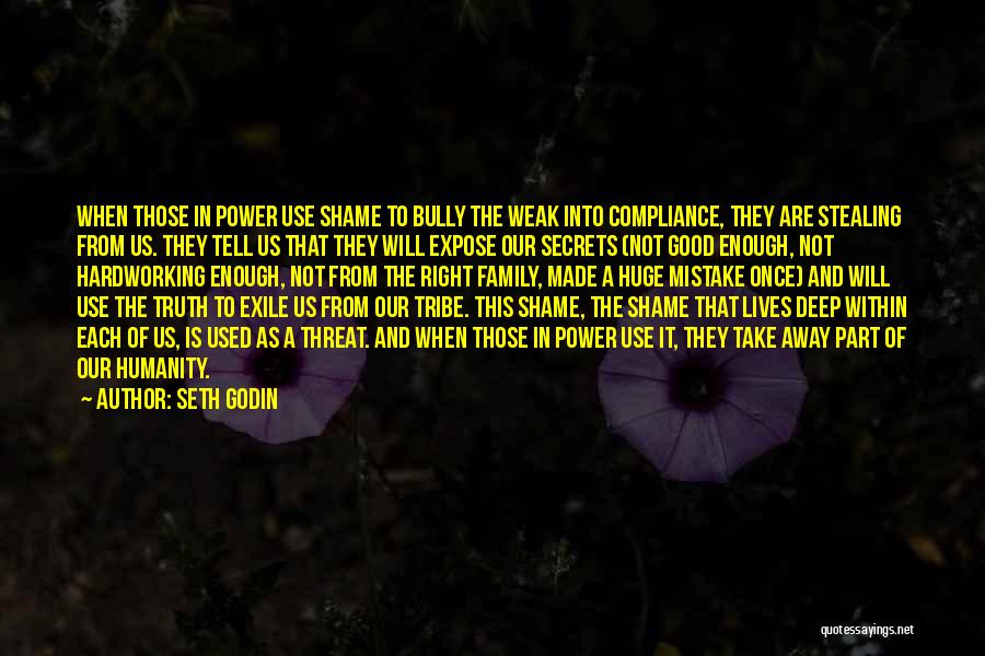 Seth Godin Quotes: When Those In Power Use Shame To Bully The Weak Into Compliance, They Are Stealing From Us. They Tell Us