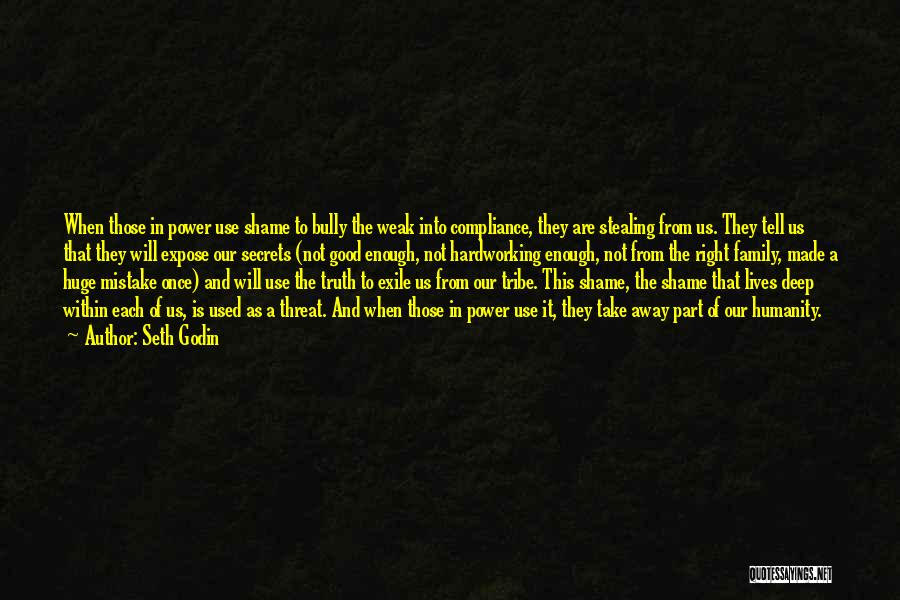 Seth Godin Quotes: When Those In Power Use Shame To Bully The Weak Into Compliance, They Are Stealing From Us. They Tell Us