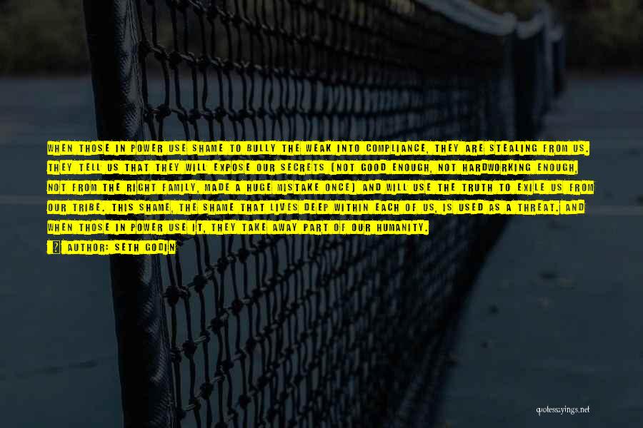 Seth Godin Quotes: When Those In Power Use Shame To Bully The Weak Into Compliance, They Are Stealing From Us. They Tell Us
