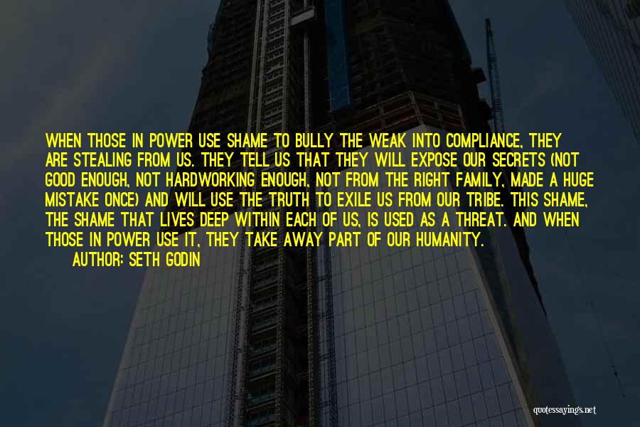 Seth Godin Quotes: When Those In Power Use Shame To Bully The Weak Into Compliance, They Are Stealing From Us. They Tell Us