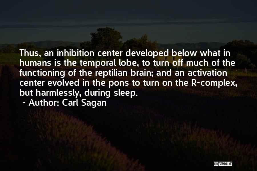 Carl Sagan Quotes: Thus, An Inhibition Center Developed Below What In Humans Is The Temporal Lobe, To Turn Off Much Of The Functioning
