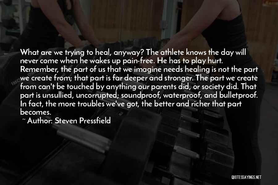 Steven Pressfield Quotes: What Are We Trying To Heal, Anyway? The Athlete Knows The Day Will Never Come When He Wakes Up Pain-free.