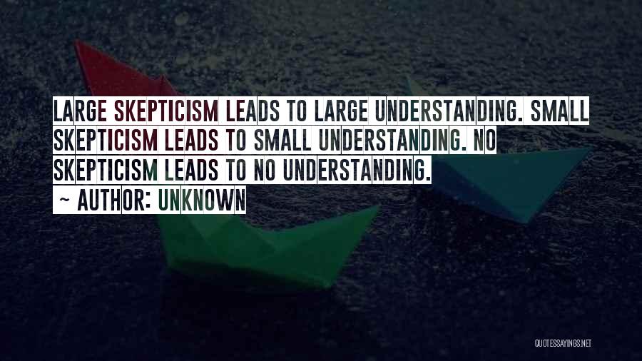 Unknown Quotes: Large Skepticism Leads To Large Understanding. Small Skepticism Leads To Small Understanding. No Skepticism Leads To No Understanding.