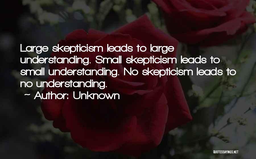 Unknown Quotes: Large Skepticism Leads To Large Understanding. Small Skepticism Leads To Small Understanding. No Skepticism Leads To No Understanding.