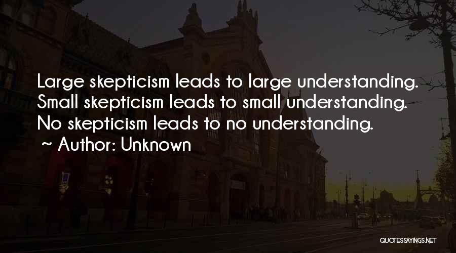 Unknown Quotes: Large Skepticism Leads To Large Understanding. Small Skepticism Leads To Small Understanding. No Skepticism Leads To No Understanding.