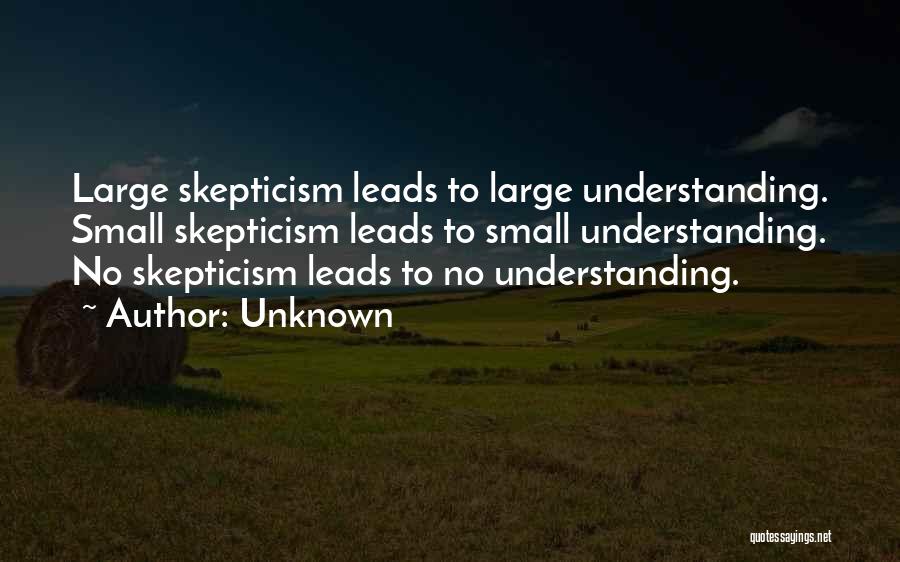 Unknown Quotes: Large Skepticism Leads To Large Understanding. Small Skepticism Leads To Small Understanding. No Skepticism Leads To No Understanding.